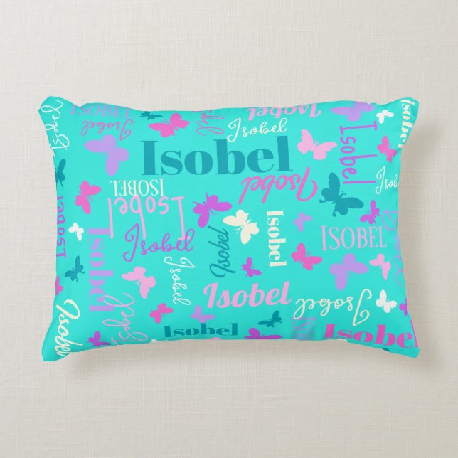 Rainbow butterflies custom name aqua Isobel Accent Pillow (Front)