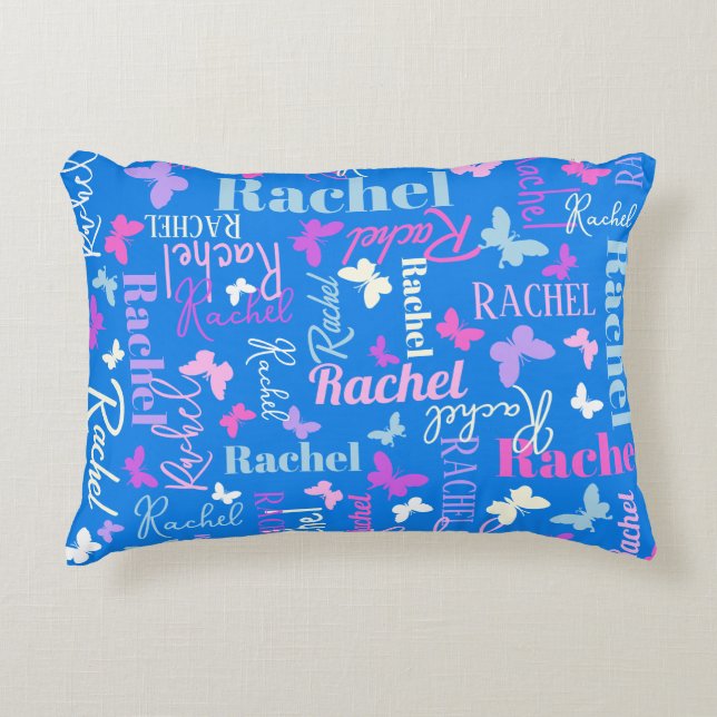 Rainbow butterflies custom name sky blue Rachel Accent Pillow (Front)