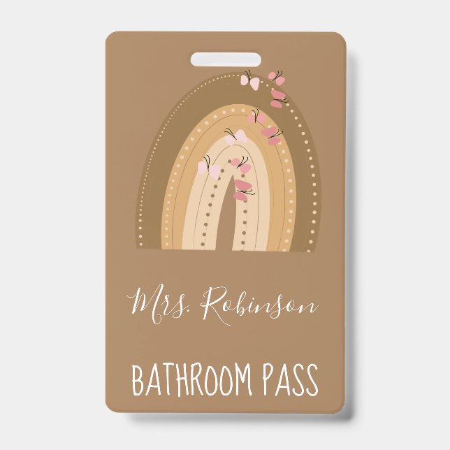 Rainbow Butterflies Script Teachers Bathroom Hall Badge (Front)
