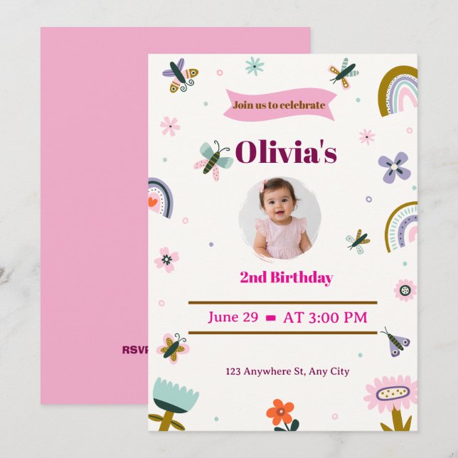 Rainbow Butterfly 2nd Birthday Invite (Front/Back)