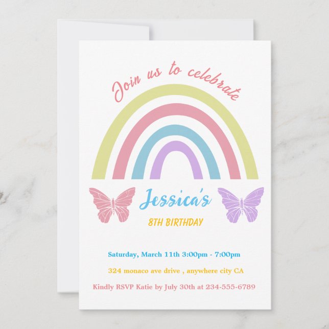 Rainbow & butterfly Birthday for Girls editable In Invitation (Front)