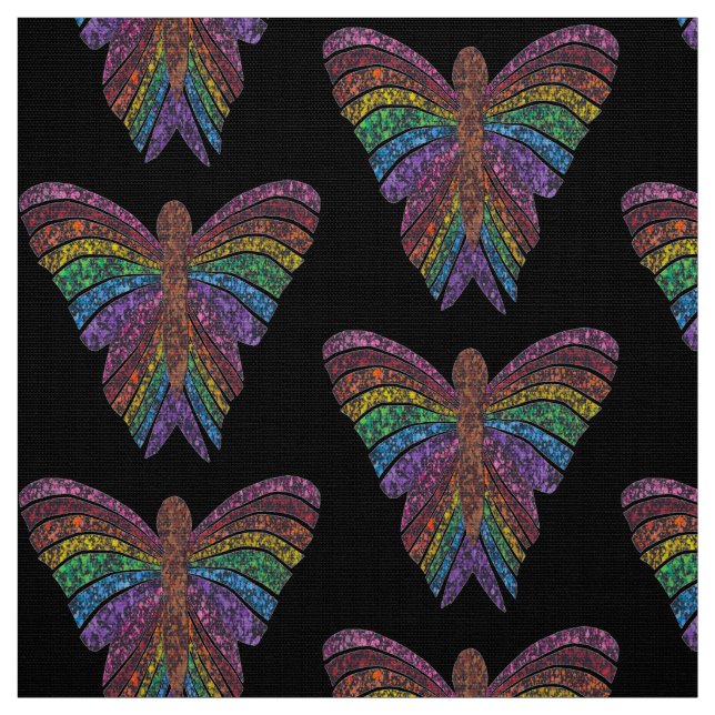 Rainbow Butterfly (black)- Polyester Poplin Fabric (Swatch)