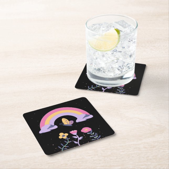 Rainbow Butterfly Cloud Flowers Square Paper Coaster (Insitu)