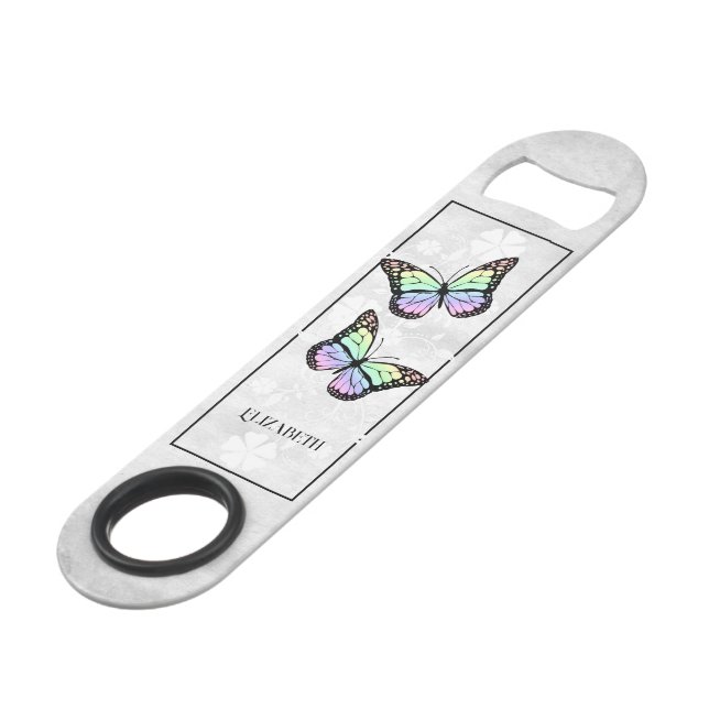 Rainbow Butterfly Floral Personalized Bar Key (Front Angled)