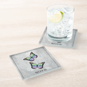 Rainbow Butterfly Floral Personalized Glass Coaster