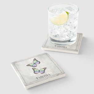 Rainbow Butterfly Floral Personalized Stone Coaster