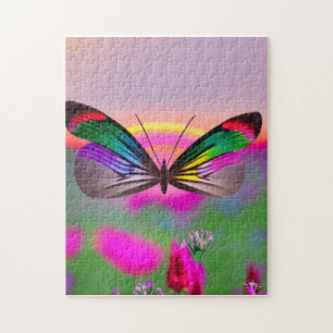 Rainbow Butterfly Flying Across a Field of Flowers Jigsaw Puzzle