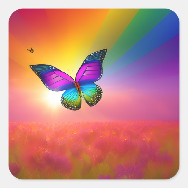 Rainbow Butterfly Flying in a Field  Square Sticker (Front)