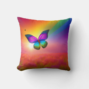 Rainbow Butterfly Flying in a Field Throw Pillow