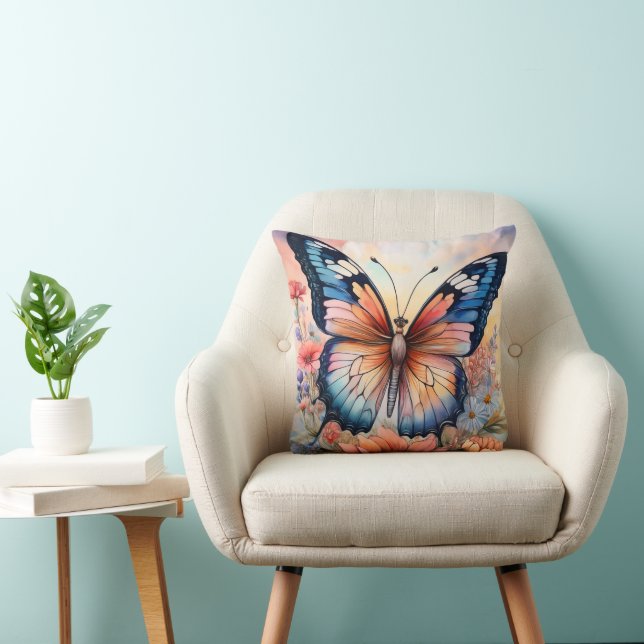Rainbow Butterfly in a Flower Garden Throw Pillow (Chair)