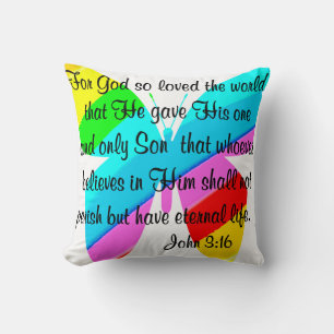 RAINBOW BUTTERFLY JOHN 3:16 DESIGN THROW PILLOW