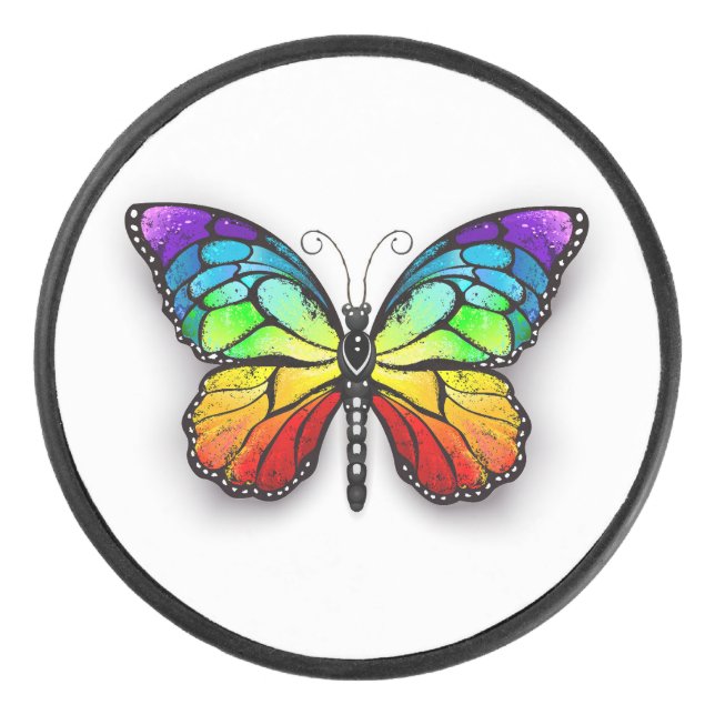 Rainbow butterfly Monarch Hockey Puck (Front)