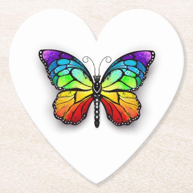 Rainbow butterfly Monarch Paper Coaster (Front)