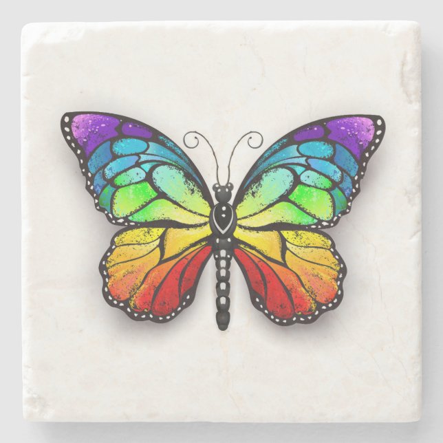 Rainbow butterfly Monarch Stone Coaster (Front)