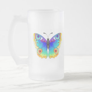 Rainbow Butterfly Peacock Eye Frosted Glass Beer Mug