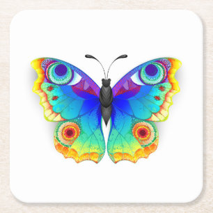 Rainbow Butterfly Peacock Eye Square Paper Coaster