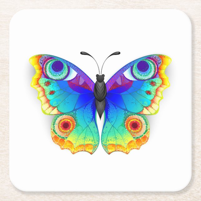 Rainbow Butterfly Peacock Eye Square Paper Coaster (Front)