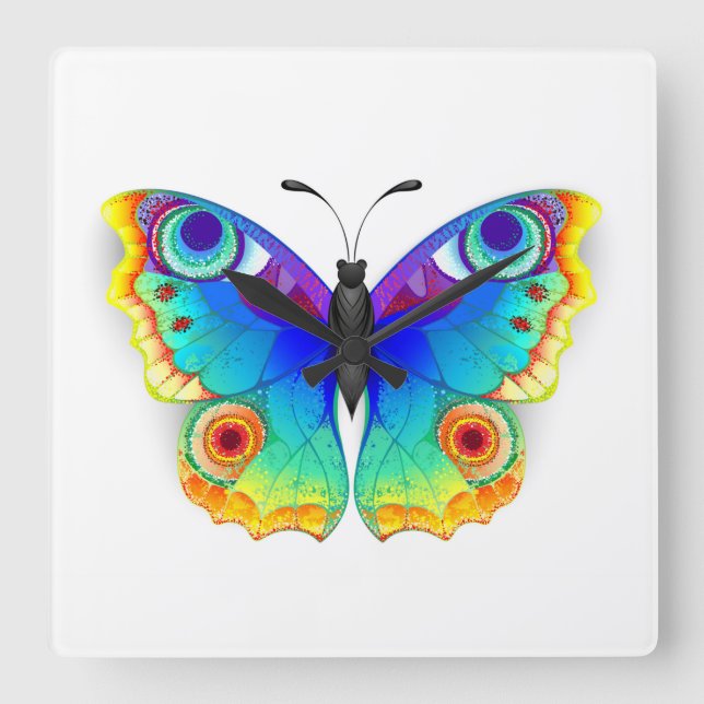 Rainbow Butterfly Peacock Eye Square Wall Clock (Front)