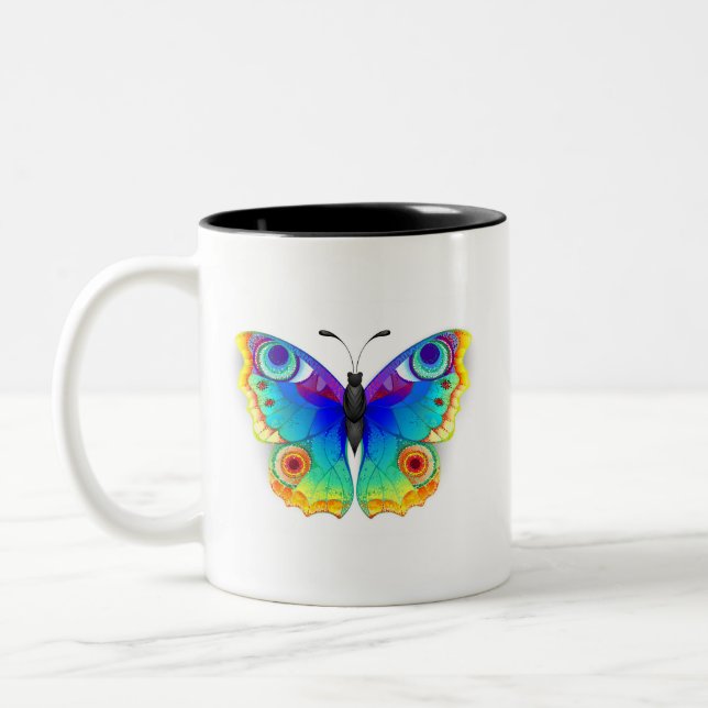 Rainbow Butterfly Peacock Eye Two-Tone Coffee Mug (Left)