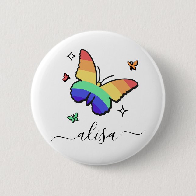Rainbow Butterfly Personalized Calligraphy Name  2 Inch Round Button (Front)
