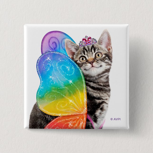 Rainbow Butterfly Princess Kitten 2 Inch Square Button (Front)