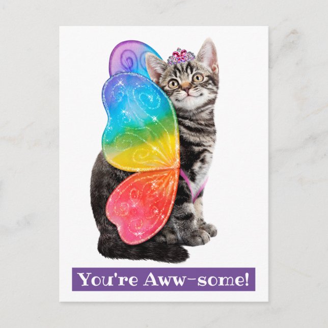 Rainbow Butterfly Princess Kitten Invitation Postcard (Front)