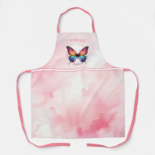Rainbow Butterfly Watercolor Pink Customized Apron (Front)
