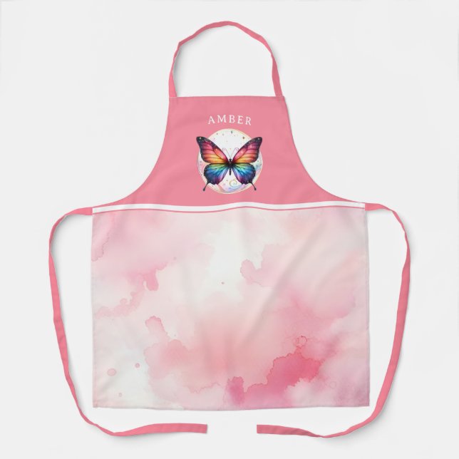 Rainbow Butterfly Watercolor Pink Customized Apron (Front)