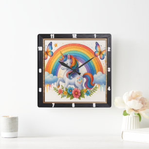 Rainbow Butterfly Whimsical Unicorn  Square Wall Clock