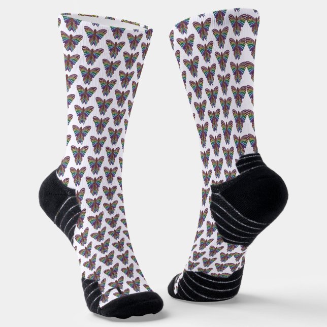 Rainbow Butterfly (white) - Athletic Socks (Angled)