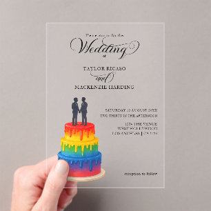 Rainbow cake and elegant script gay wedding acrylic invitations