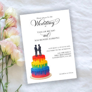Rainbow cake and elegant script gay wedding invitation