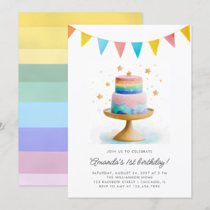 Rainbow Cake and Stars First Birthday Party Invitation