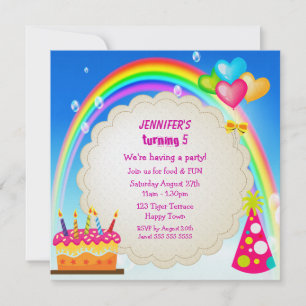 Rainbow & Cake Girl's Cute Birthday Party Invites