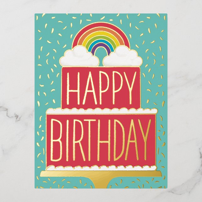 Rainbow Cake Happy Birthday Gold Foil Holiday Postcard (Front)