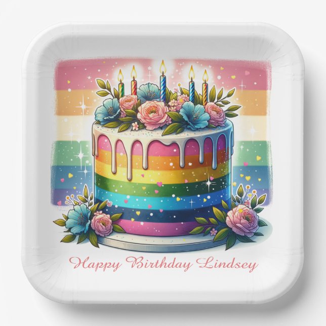 Rainbow Cake Happy Birthday Party Personalized Paper Plate (Front)