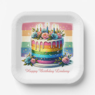 Rainbow Cake Happy Birthday Party Personalized Paper Plate