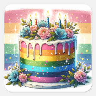 Rainbow Cake Happy Birthday Square Sticker