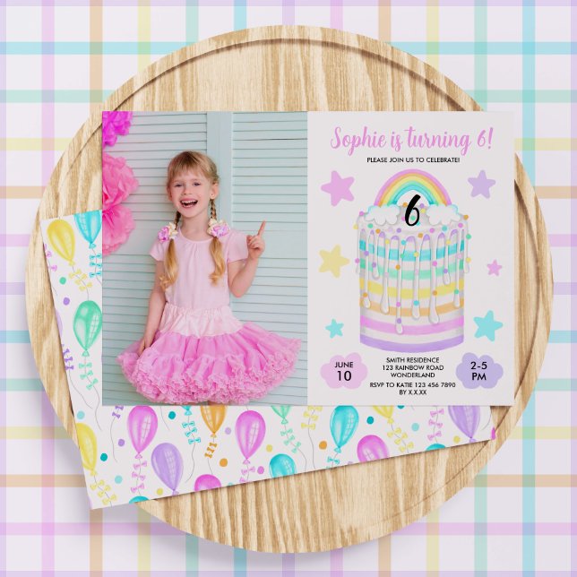 Rainbow Cake Photo Birthday Party Invite For Girls (Girls' Rainbow Cake Birthday Invitation)