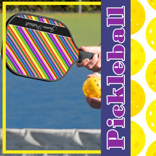 Rainbow Candy Coloured Striped Personalized Pickleball Paddle