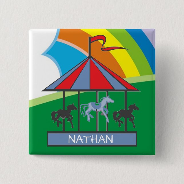 Rainbow Carousel Personalised Kids 2 Inch Square Button (Front)