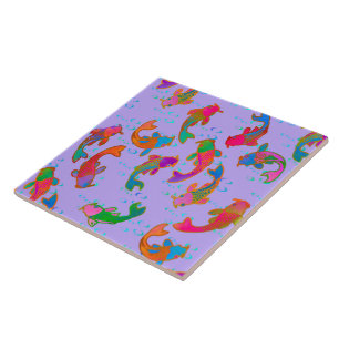 Rainbow Carp Dancing in the Rain Lilac Tile