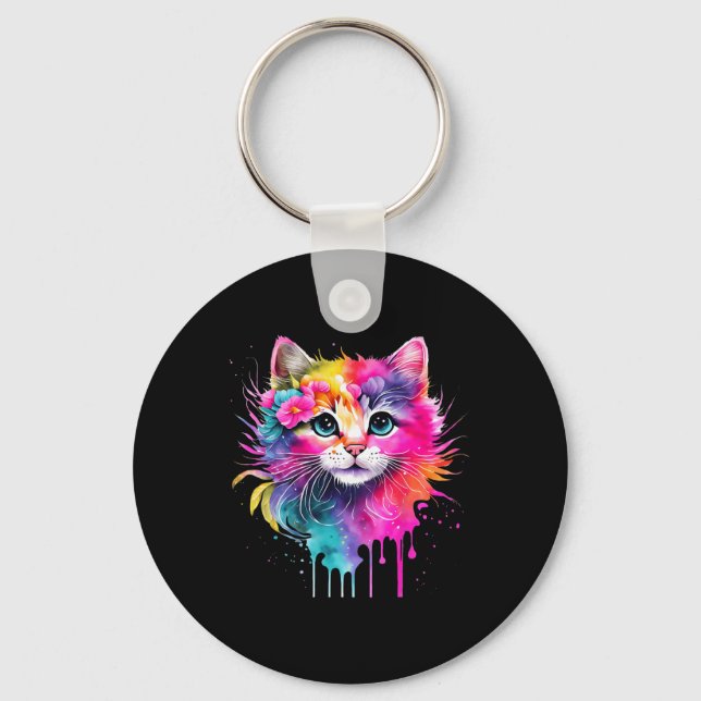 Rainbow Cat A Watercolor Paint Colourful Flowers C Keychain (Front)