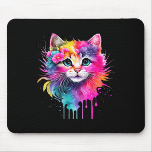 Rainbow Cat A Watercolor Paint Colourful Flowers C Mouse Pad