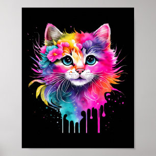 Rainbow Cat A Watercolor Paint Colourful Flowers C Poster
