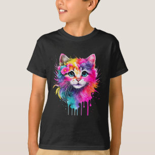 Rainbow Cat A Watercolor Paint Colourful Flowers C T-Shirt