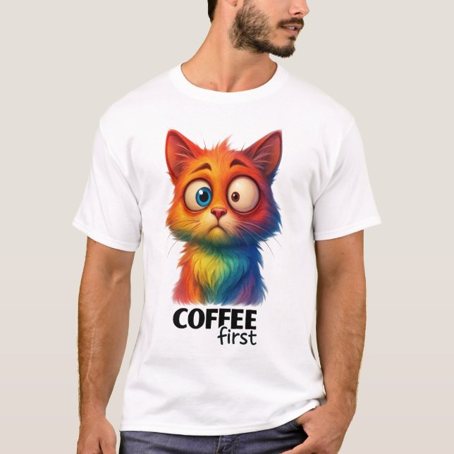 Rainbow Cat Coffee First Funny Art T-Shirt (Front)