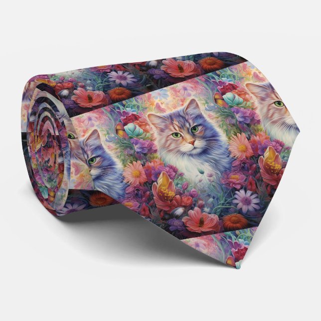 Rainbow Cat Flowers Boho Tie (Rolled)