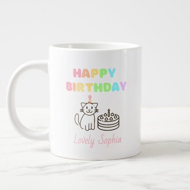 Rainbow&Cat Happy Birthday Large Coffee Mug (Left)
