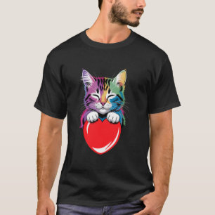 Rainbow Cat Hugging Heart, Cute Kitty Love Valenti T-Shirt